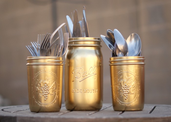 DIY Gold Painted Silverware Mason Jars