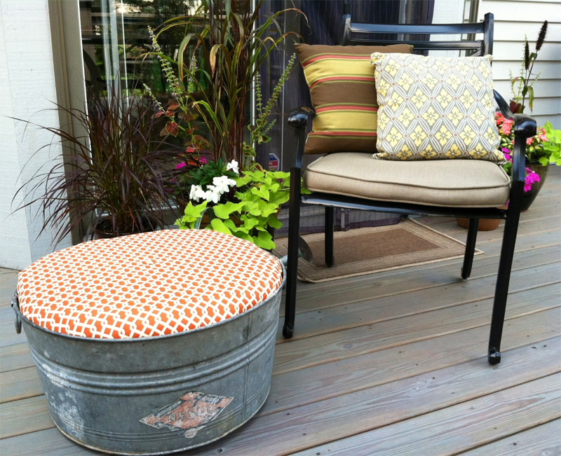 Galvanized tub turned outdoor ottoman