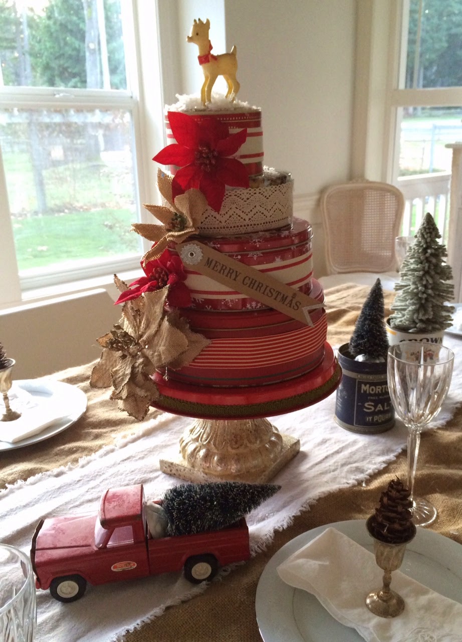 Christmas Cake Centerpiece Made from Cookie Tins