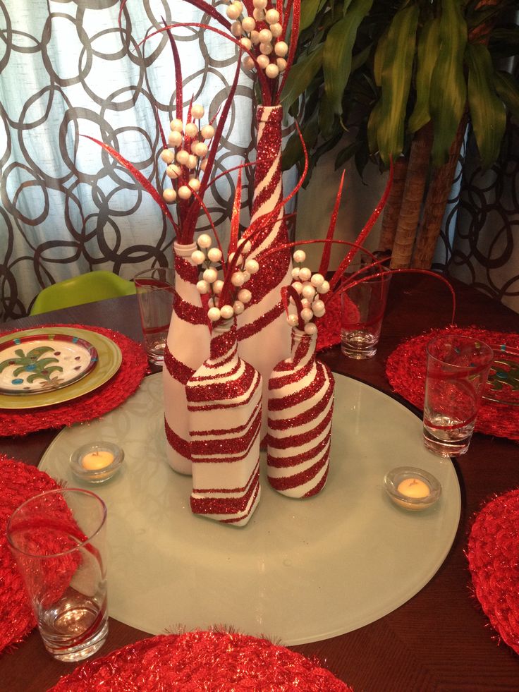 Wine Bottles Painted As Candy Canes