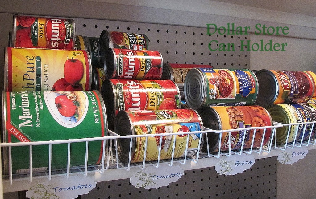 Cheap storage for canned foods using wire baskets from the dollar store