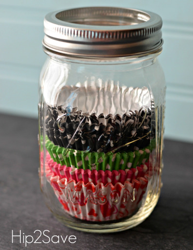 Organize cupcake liners with a mason jar to keep them from getting smashed in the pantry